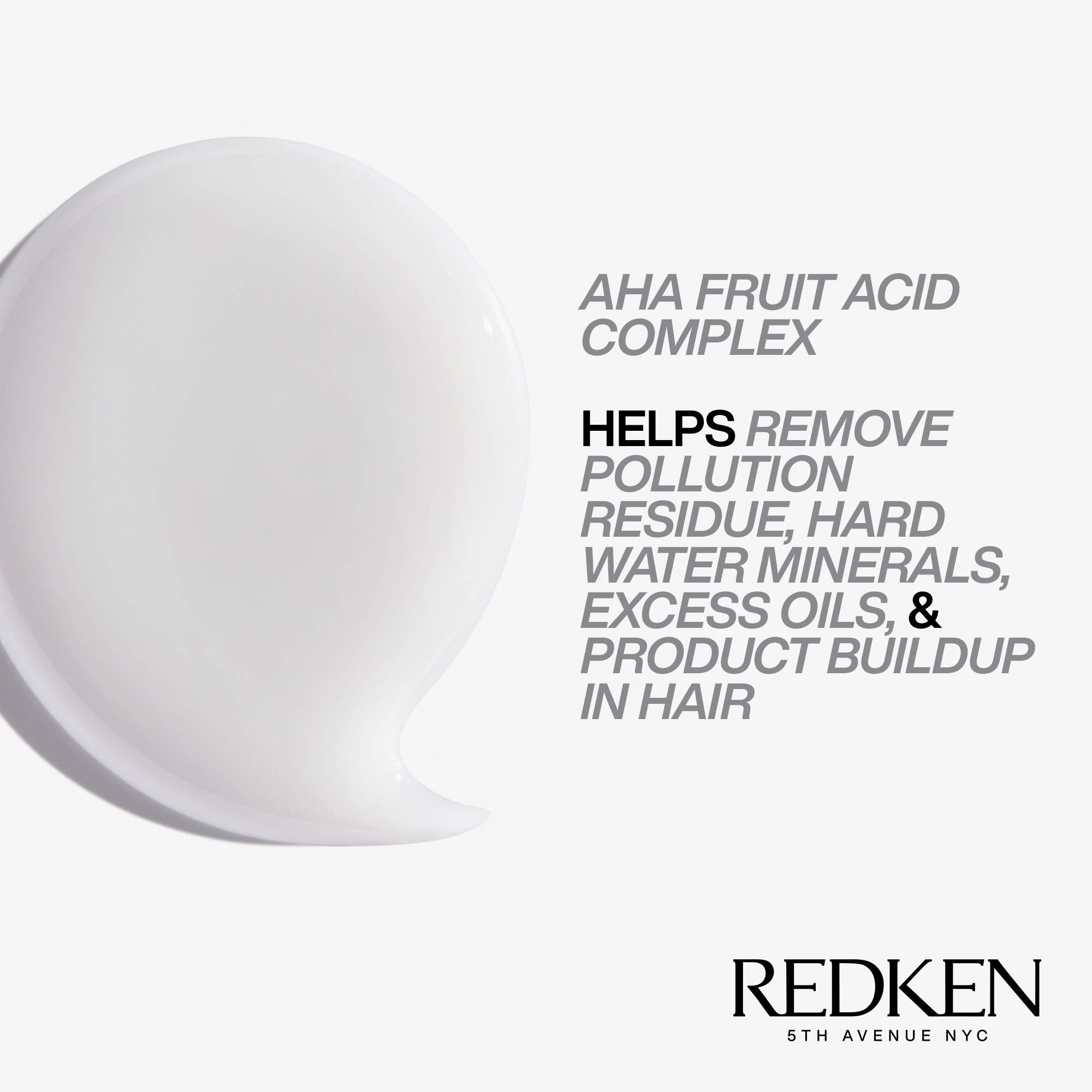 Redken ingredients label close-up highlighting AHA fruit acid and cleansing complex benefits