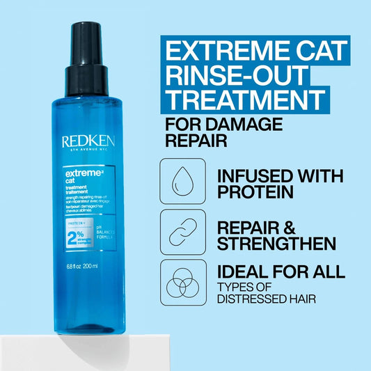 Redken Extreme CAT texture on hand, illustrating lightweight protein-rich formula benefits