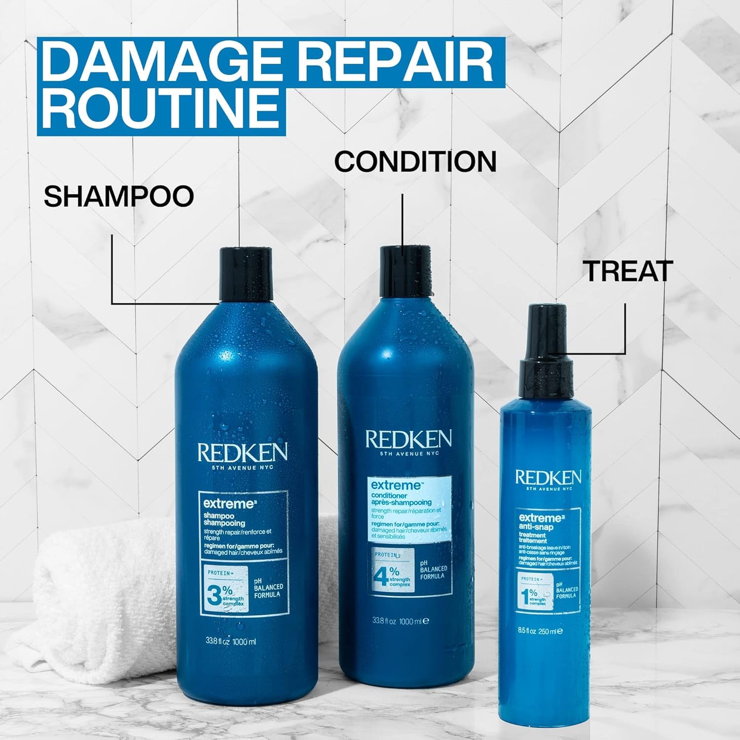 Redken Extreme Conditioner before and after hair strands showing reduced breakage benefit