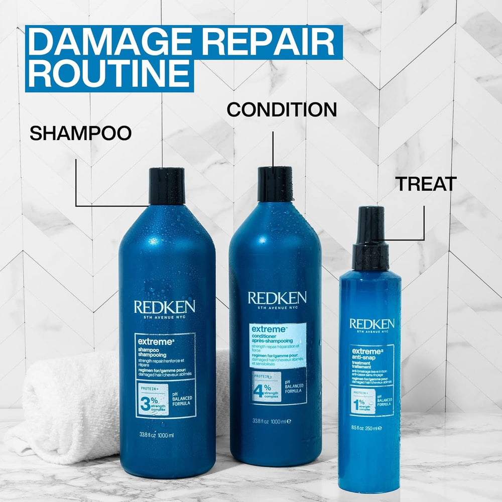 Redken Extreme Conditioner before and after hair strands showing reduced breakage benefit