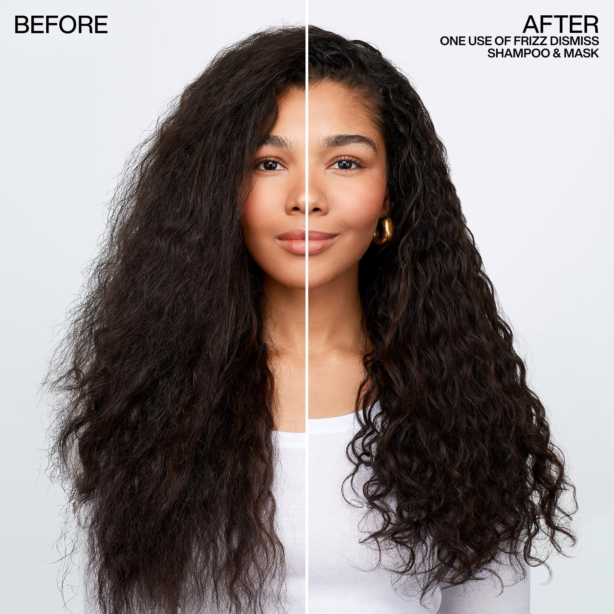 Redken Frizz Dismiss mask result on shiny smooth hair showing frizz reduction benefit