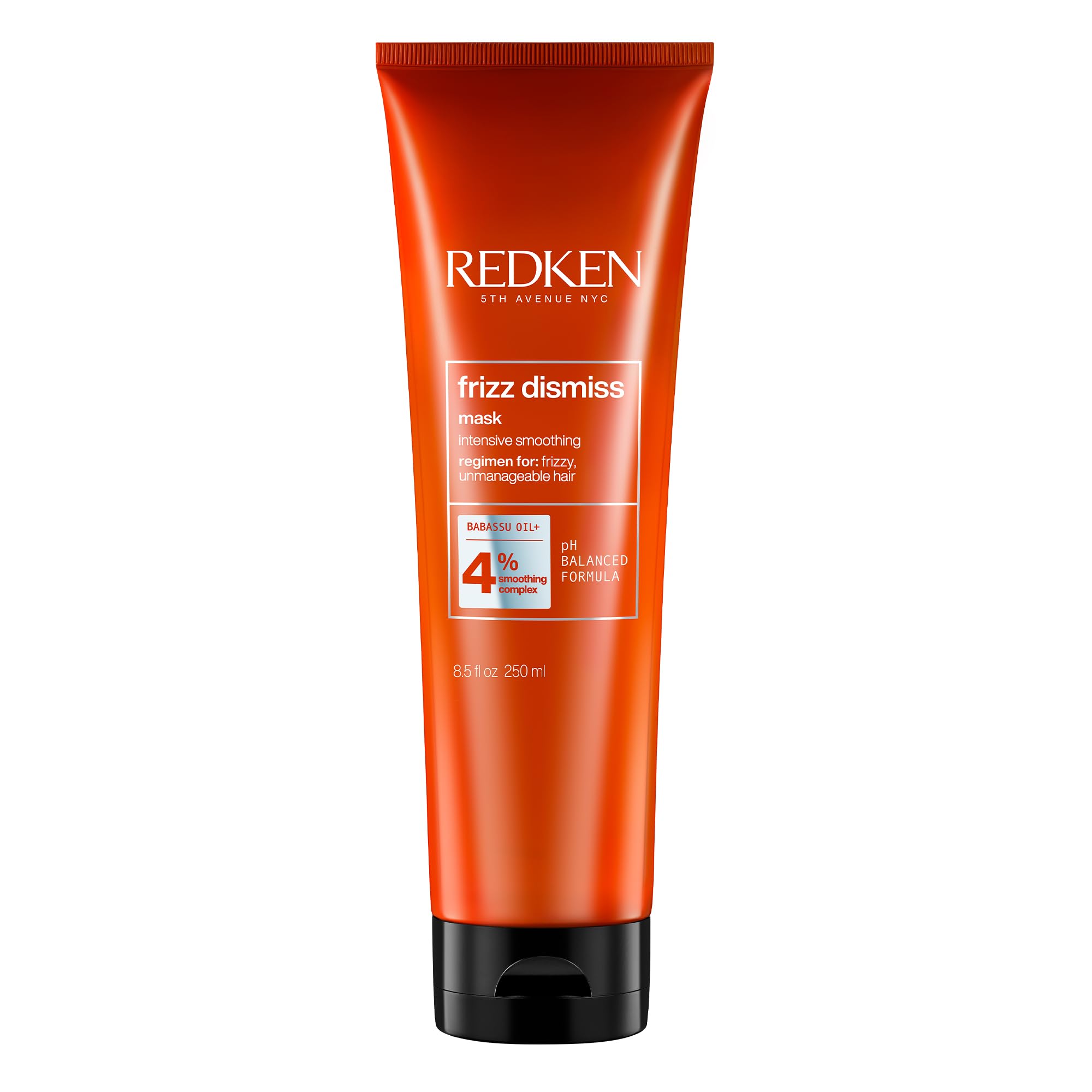 Redken Frizz Dismiss mask front view showing tube and sleek design for easy identification and benefit