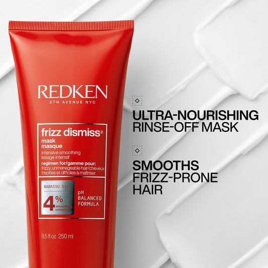 Redken Frizz Dismiss mask texture close-up highlighting creamy formula for deep hydration benefit