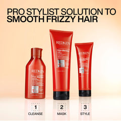 Redken Frizz Dismiss mask packaging label close-up showing ingredient and usage info benefit