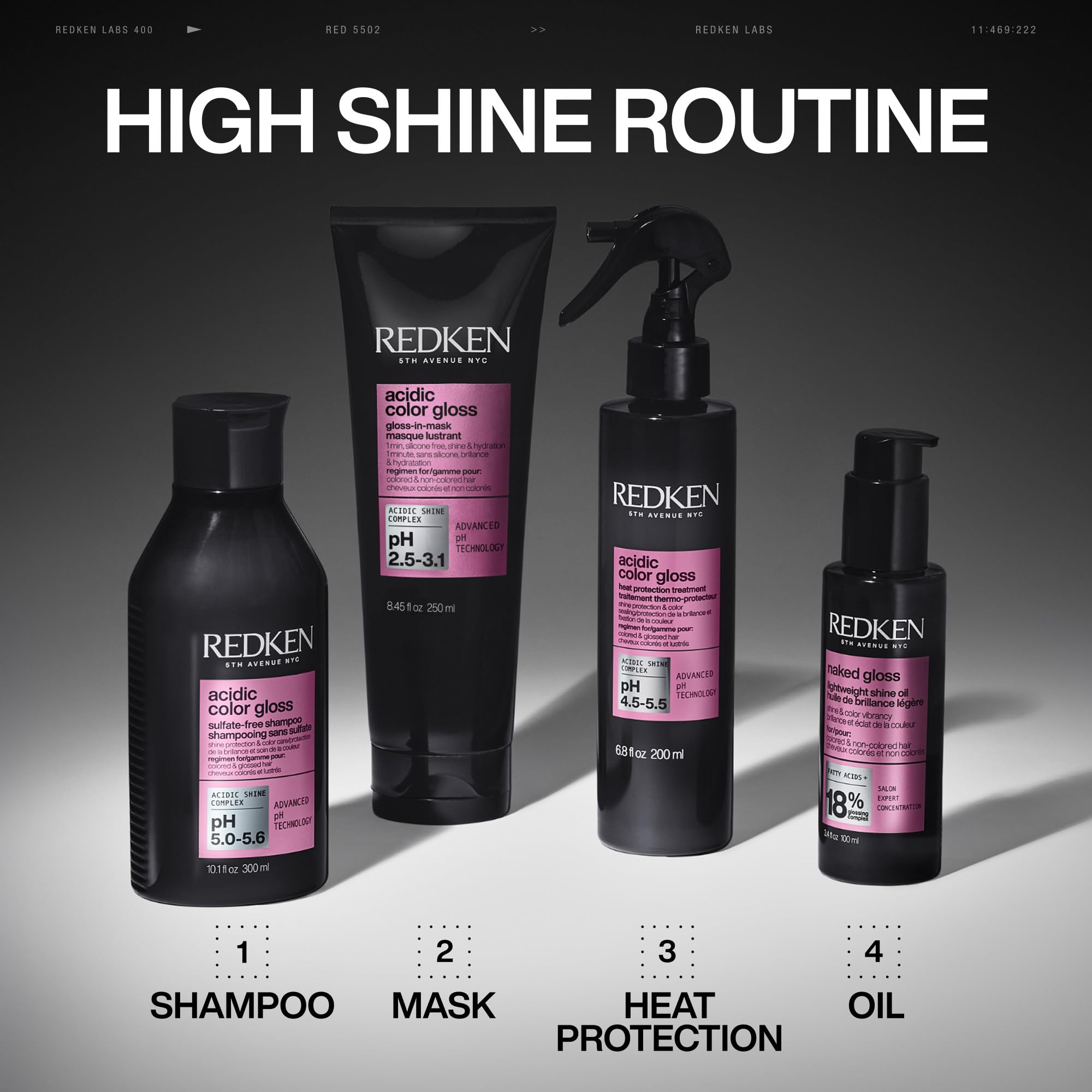 Redken gloss-in-mask placed on bathroom shelf for easy at-home use convenience