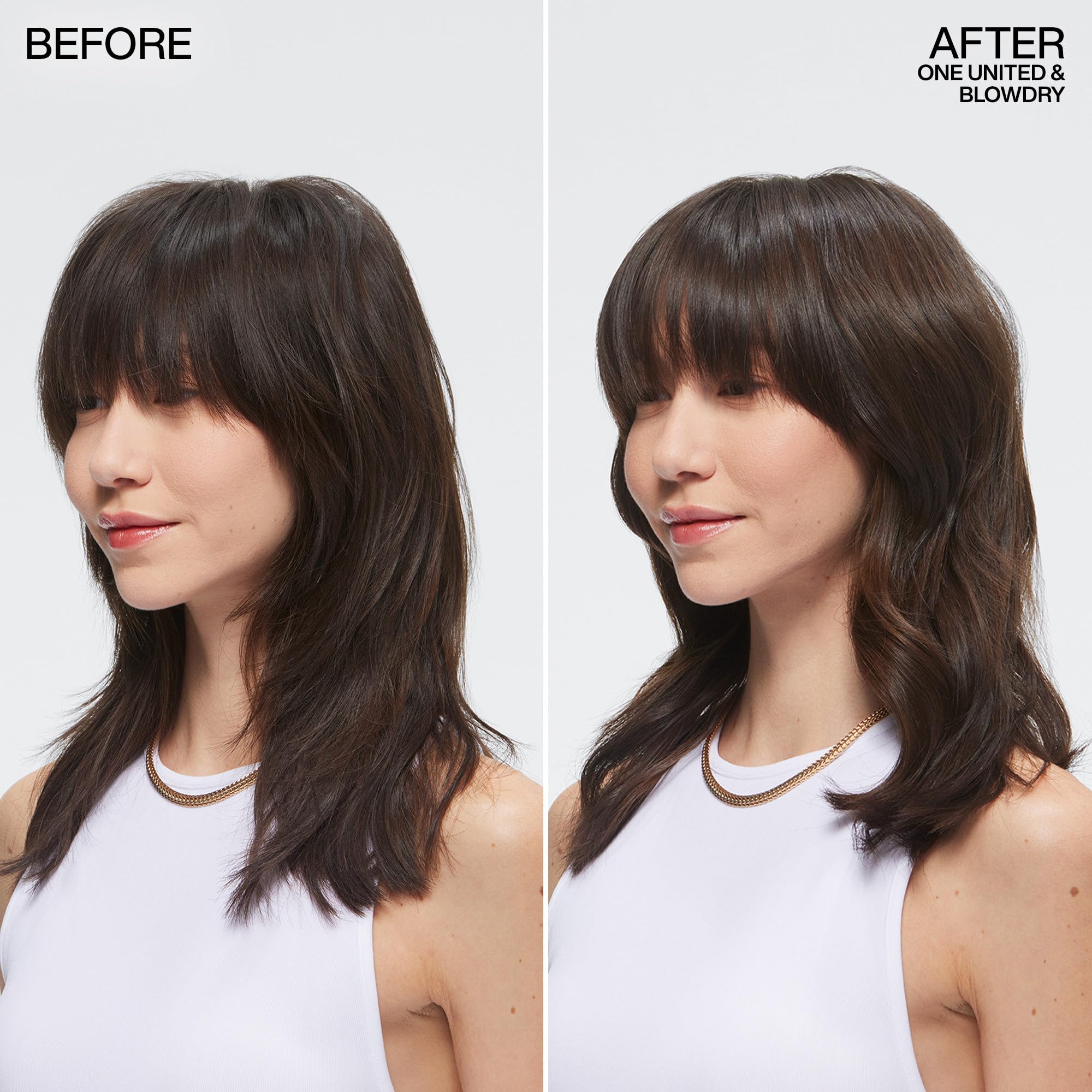 Side-by-side hair before and after using Redken One United showing smoother ends