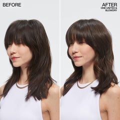 Side-by-side hair before and after using Redken One United showing smoother ends