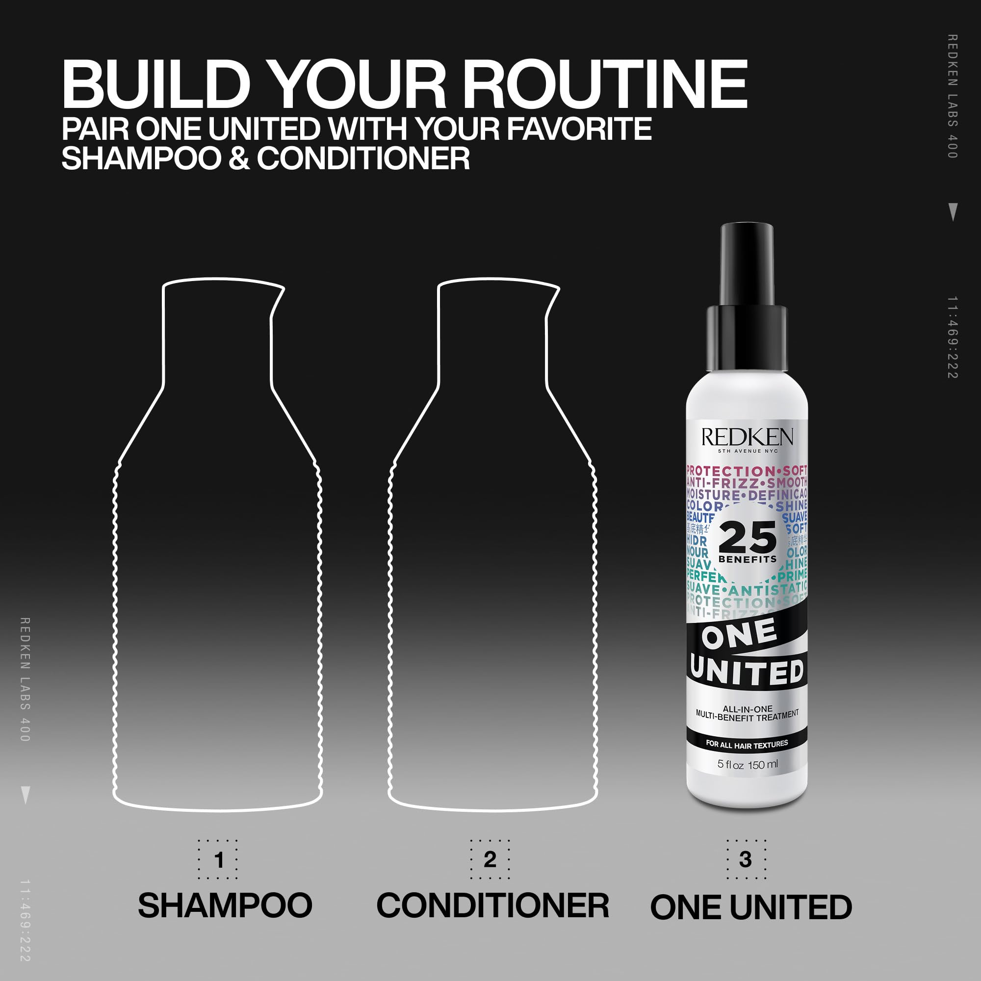 Redken One United bottle label detail focusing on ingredient callouts and professional branding