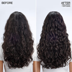 Close-up of Redken One United label emphasizing key ingredient clarity benefit