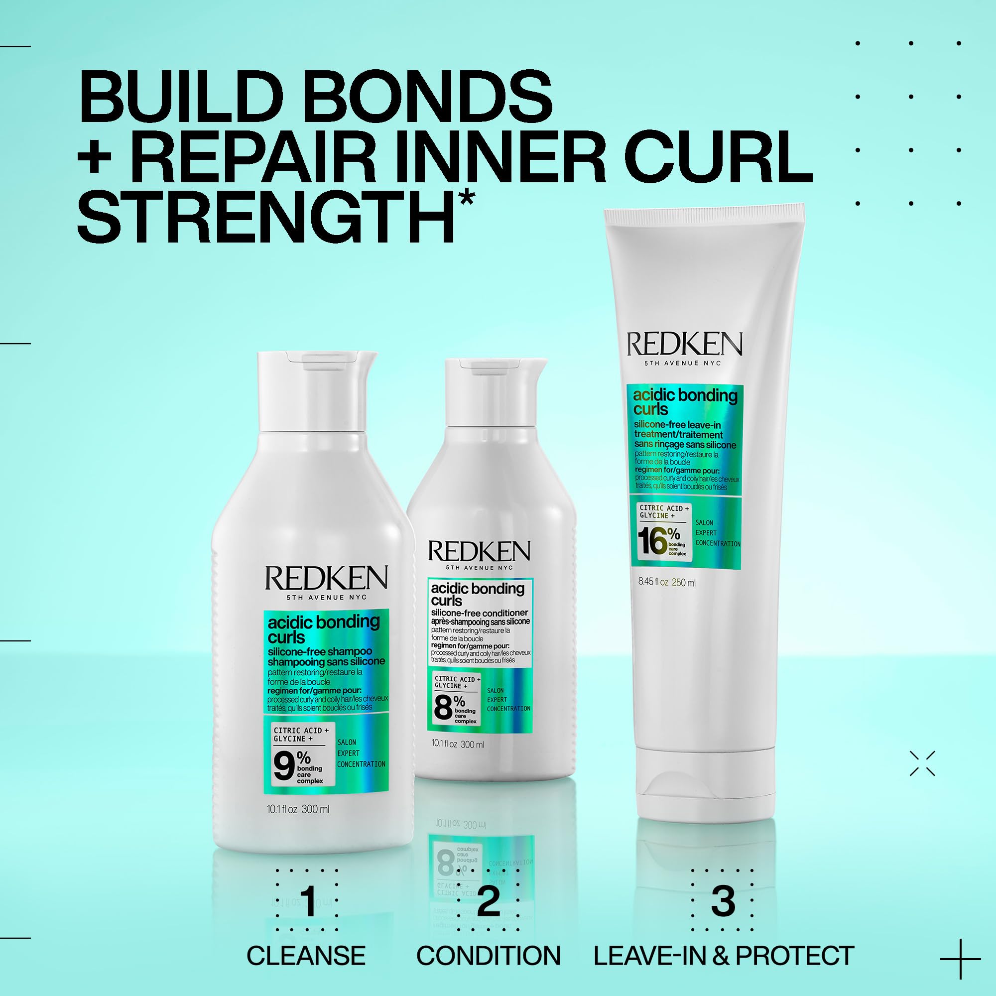 Redken full system shelf display shows coordinated routine for best results