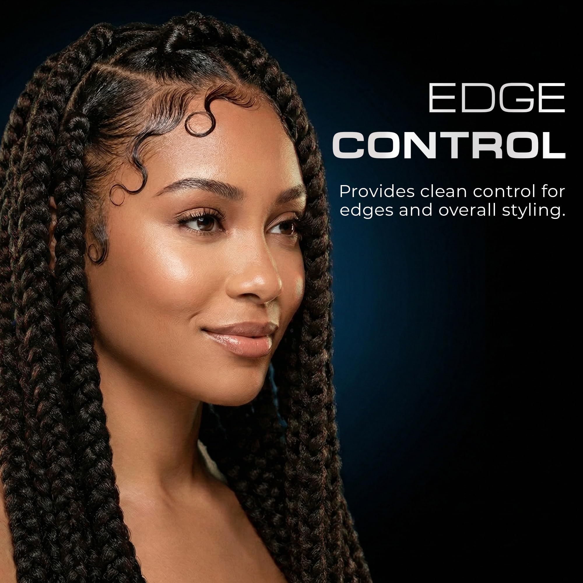 Model with slick-back hairstyle styled using Redone for shine