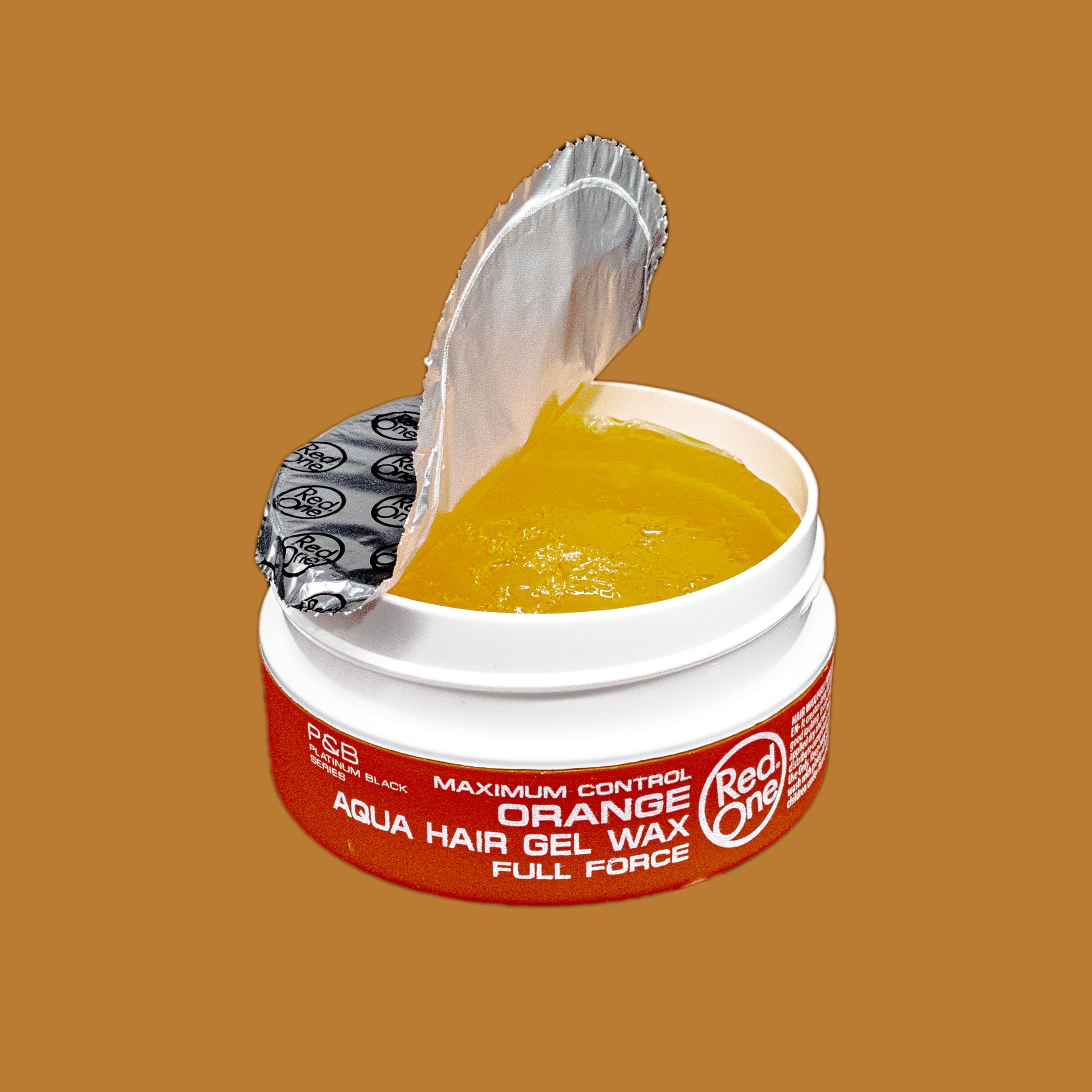 Redone open jar texture of orange gel-wax showing smooth, non-sticky creaminess