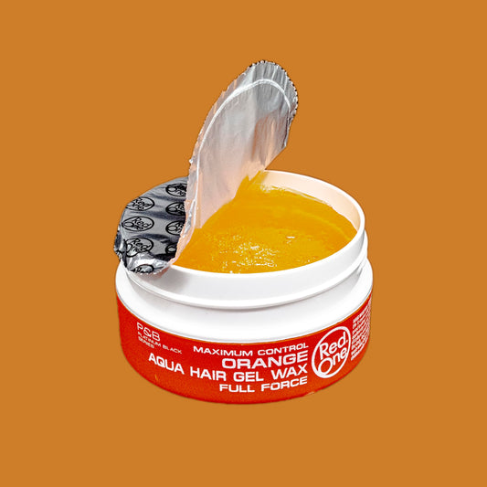 Redone open jar texture of orange gel-wax showing smooth, non-sticky creaminess