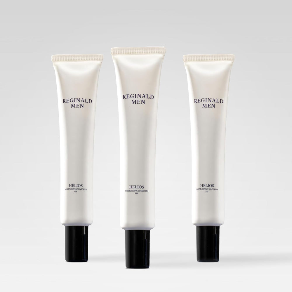Reginald Men front packaging showing SPF 50+ protection and pack of three benefit