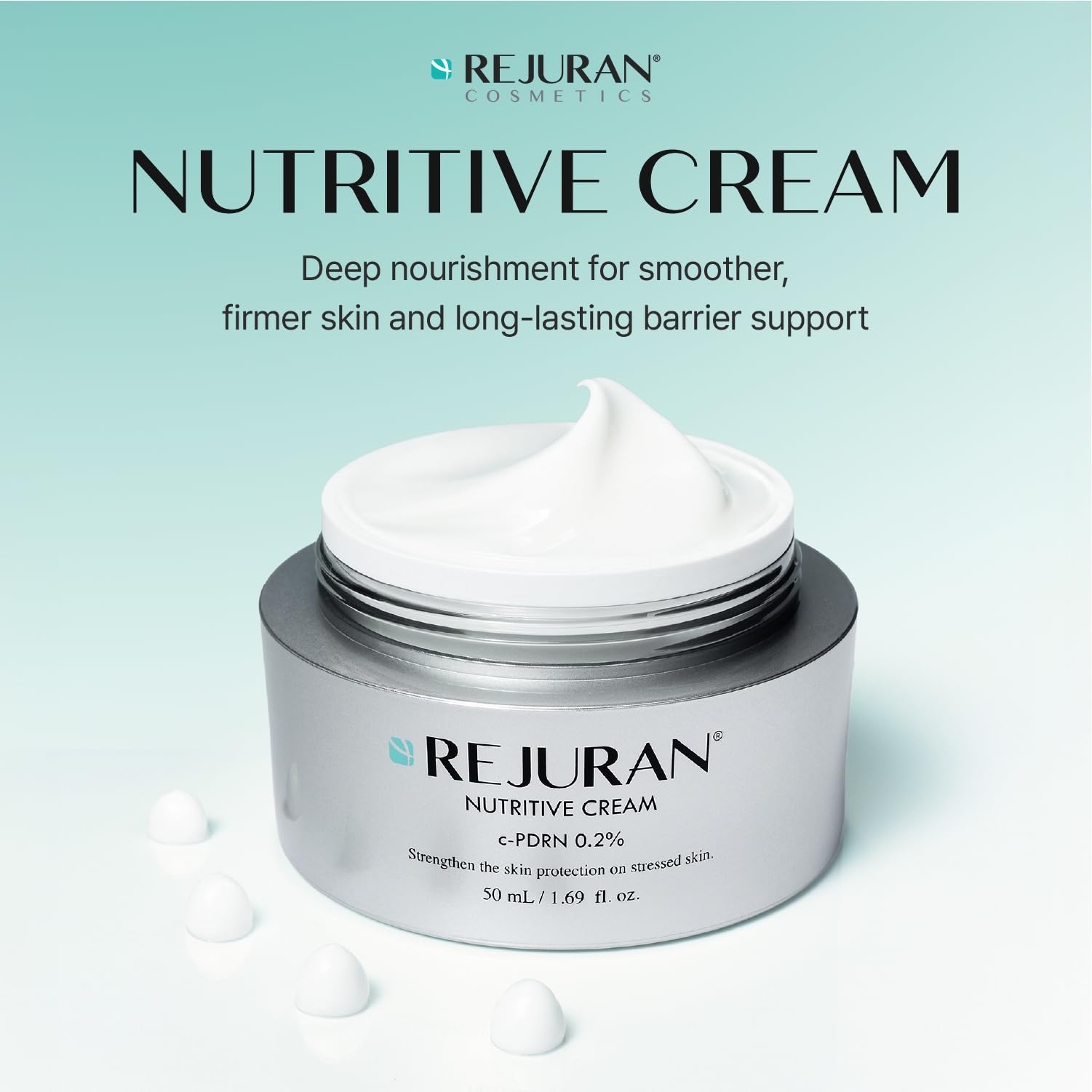 REJURAN open jar showing smooth cream surface, highlights rich texture