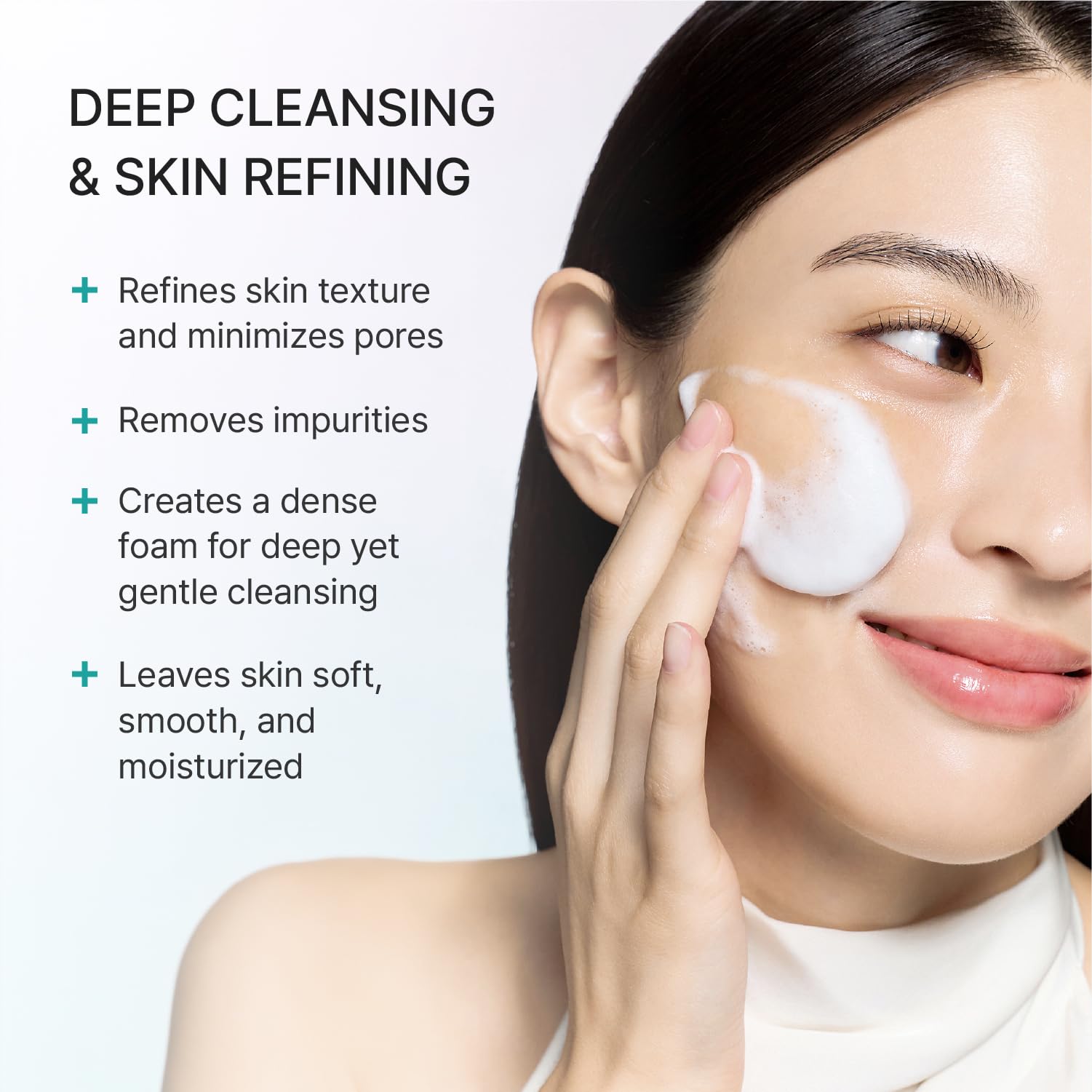 REJURAN foam texture on palm showing rich lather and gentle cleanse