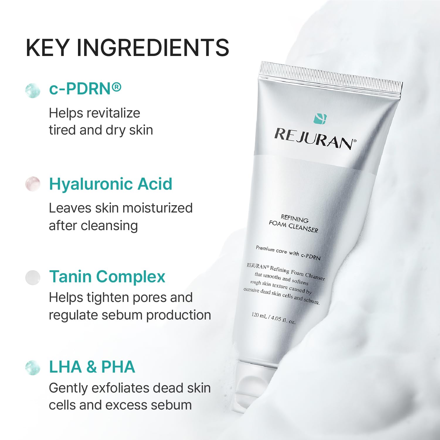 REJURAN hand applying foam demonstrating soft cleansing and comfort