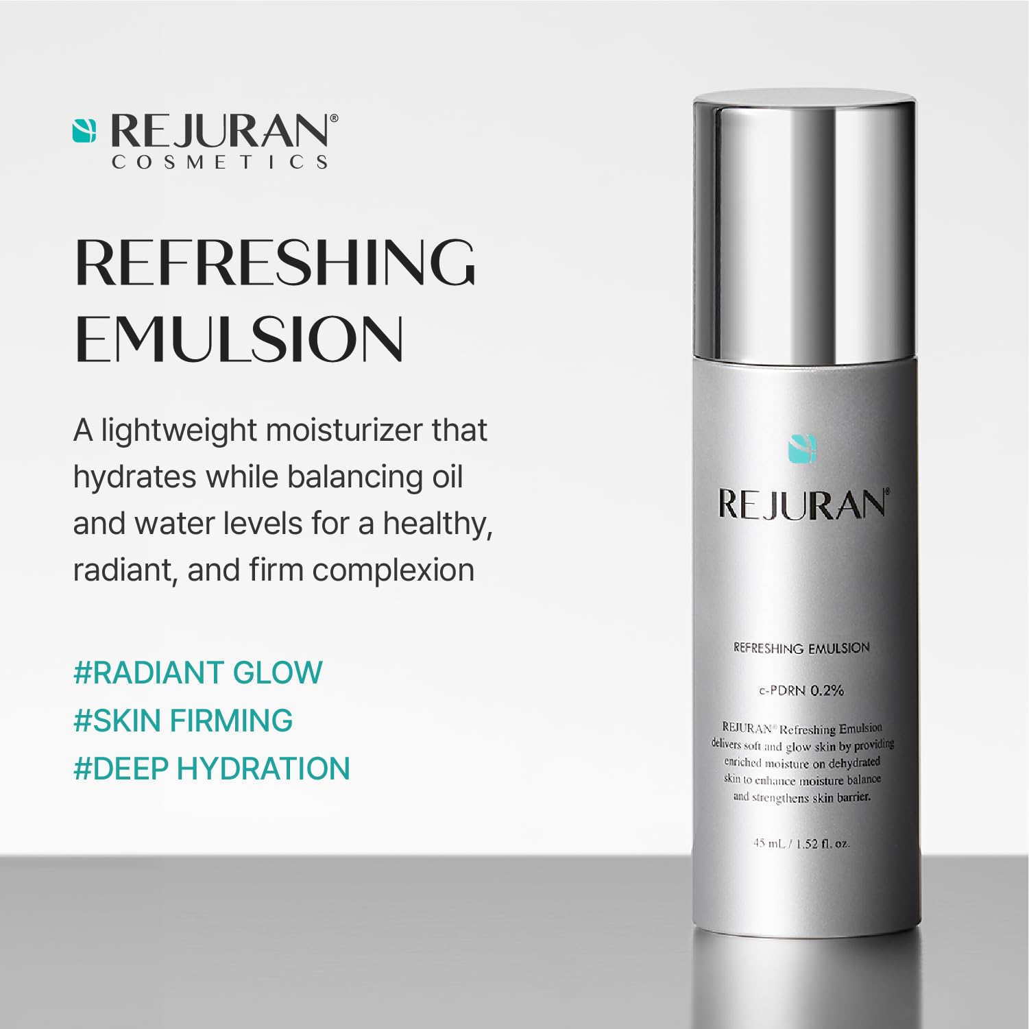 REJURAN open cap revealing lightweight emulsion texture for quick absorption