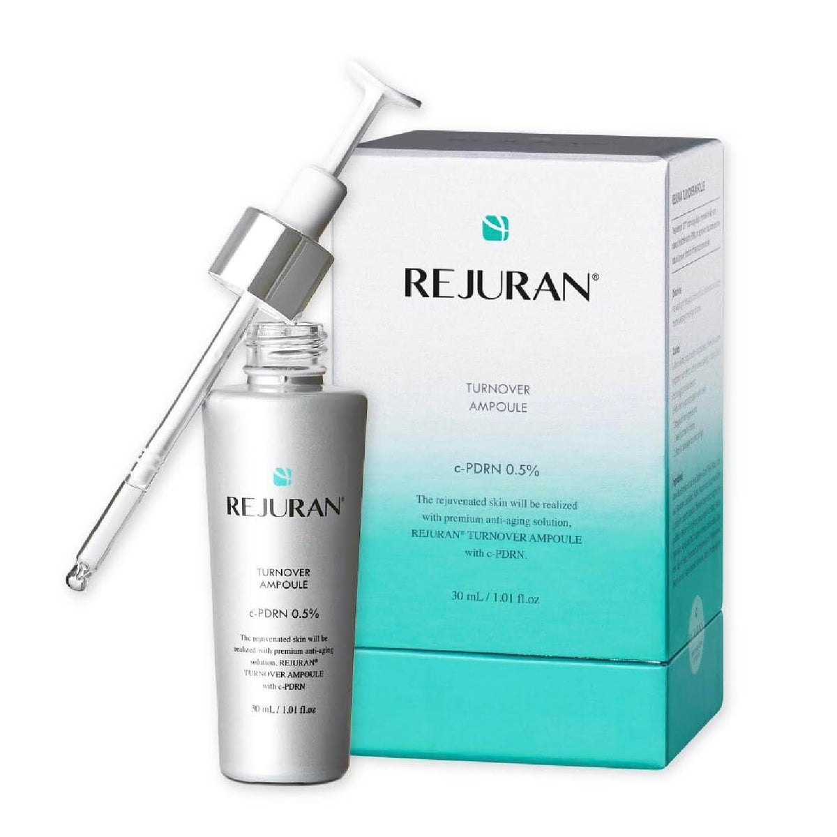 REJURAN bottle front view showing sleek packaging and clear product benefit