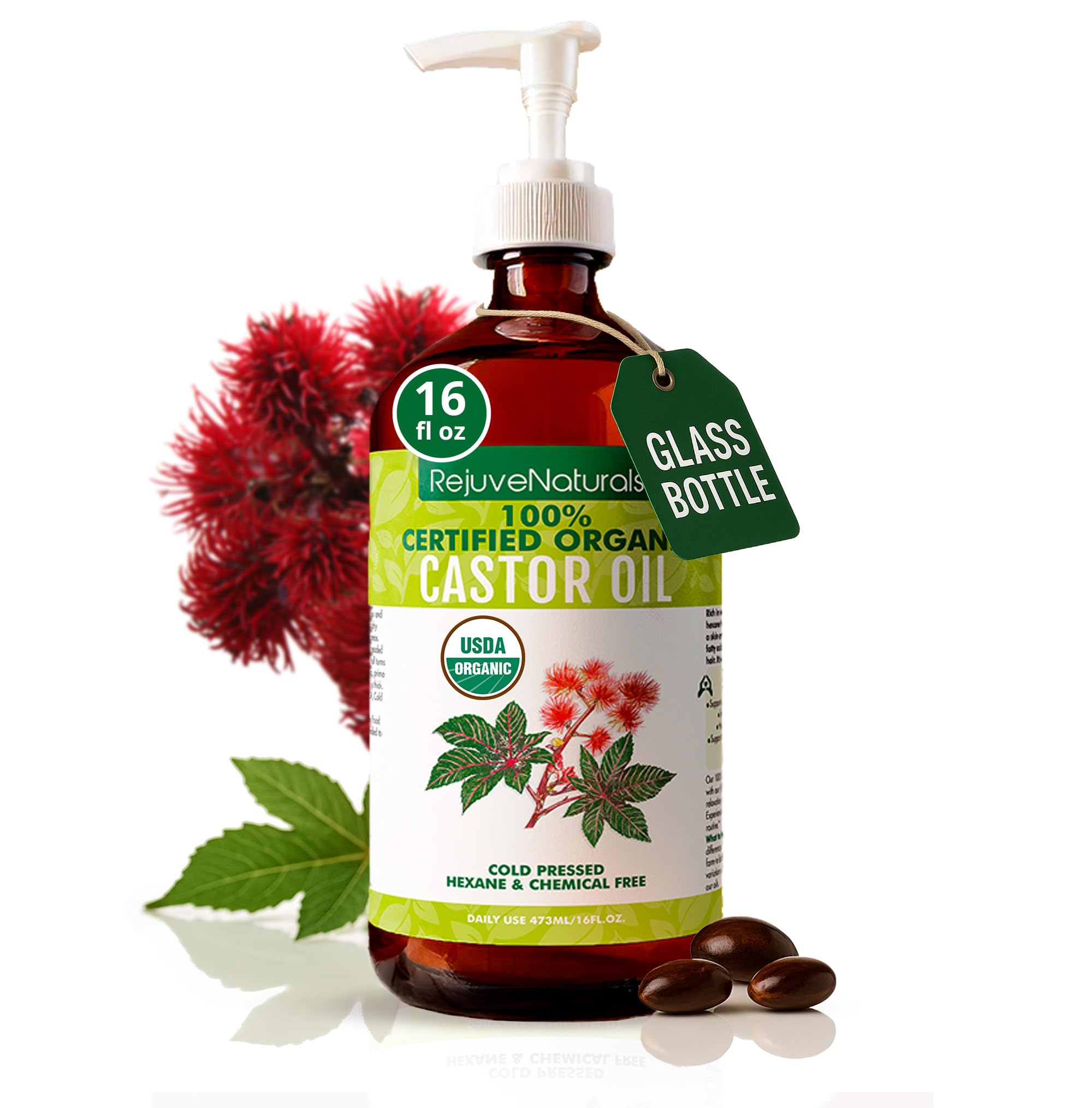 RejuveNaturals front bottle showing label and 16oz glass benefit
