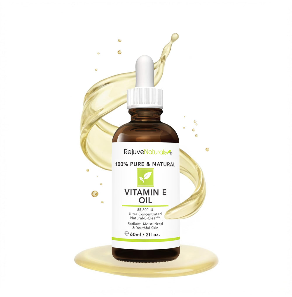 RejuveNaturals bottle front view showing pure vitamin E oil benefits