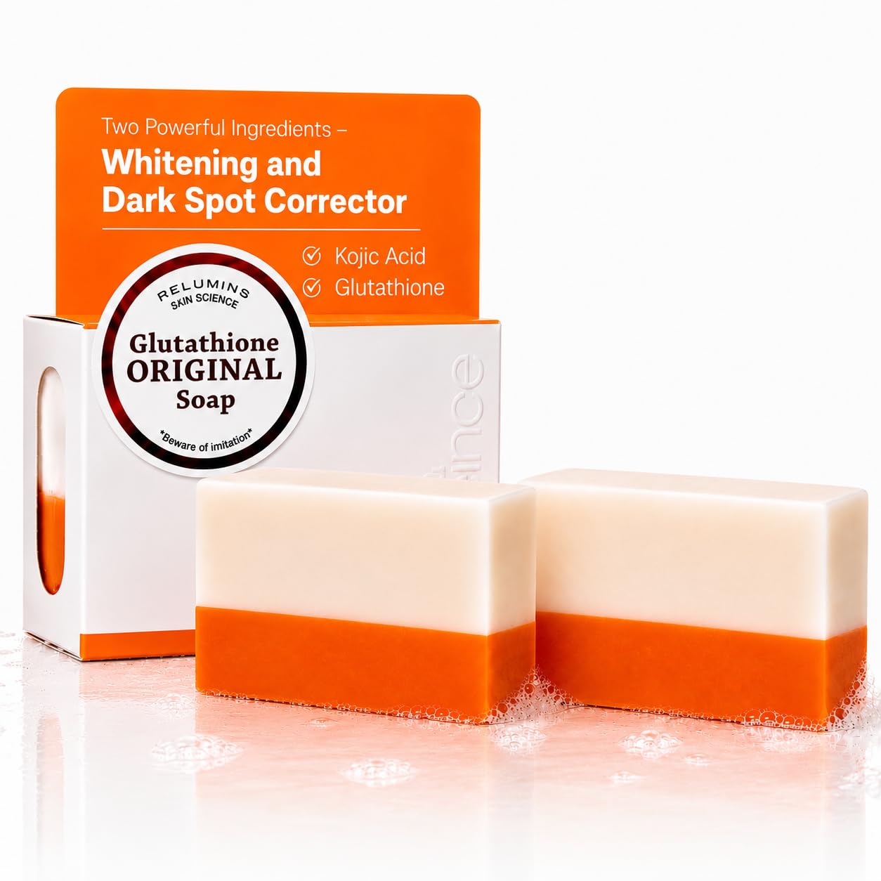 Relumins soap front packaging showing product and benefits