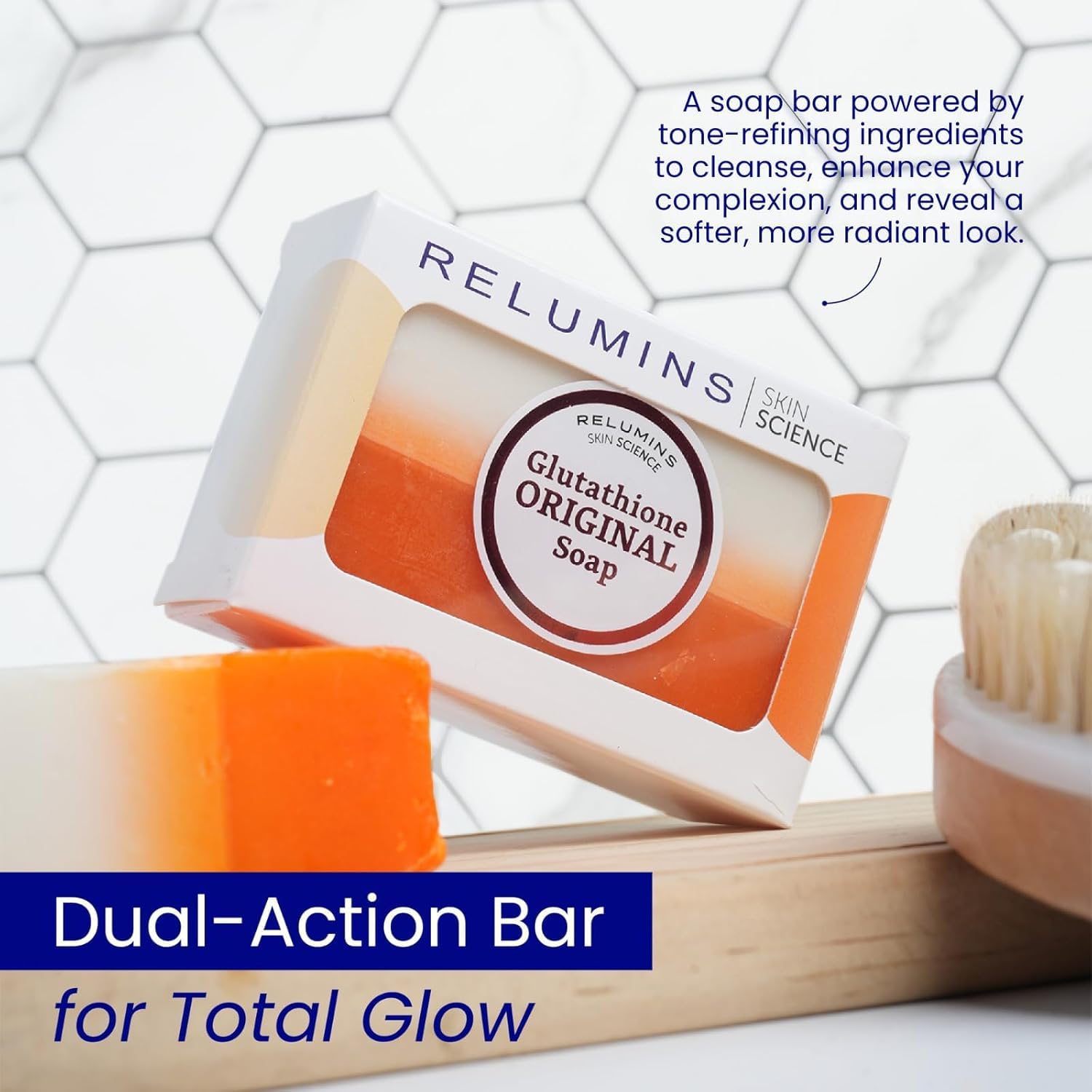 Relumins soap in a bathroom lifestyle scene evoking a calming routine