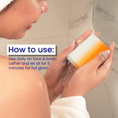 Relumins soap bar in shower setting showing ease of use