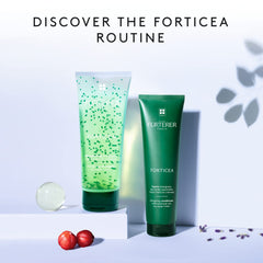 René Furterer bottle on bathroom shelf in lifestyle scene suggesting daily routine use