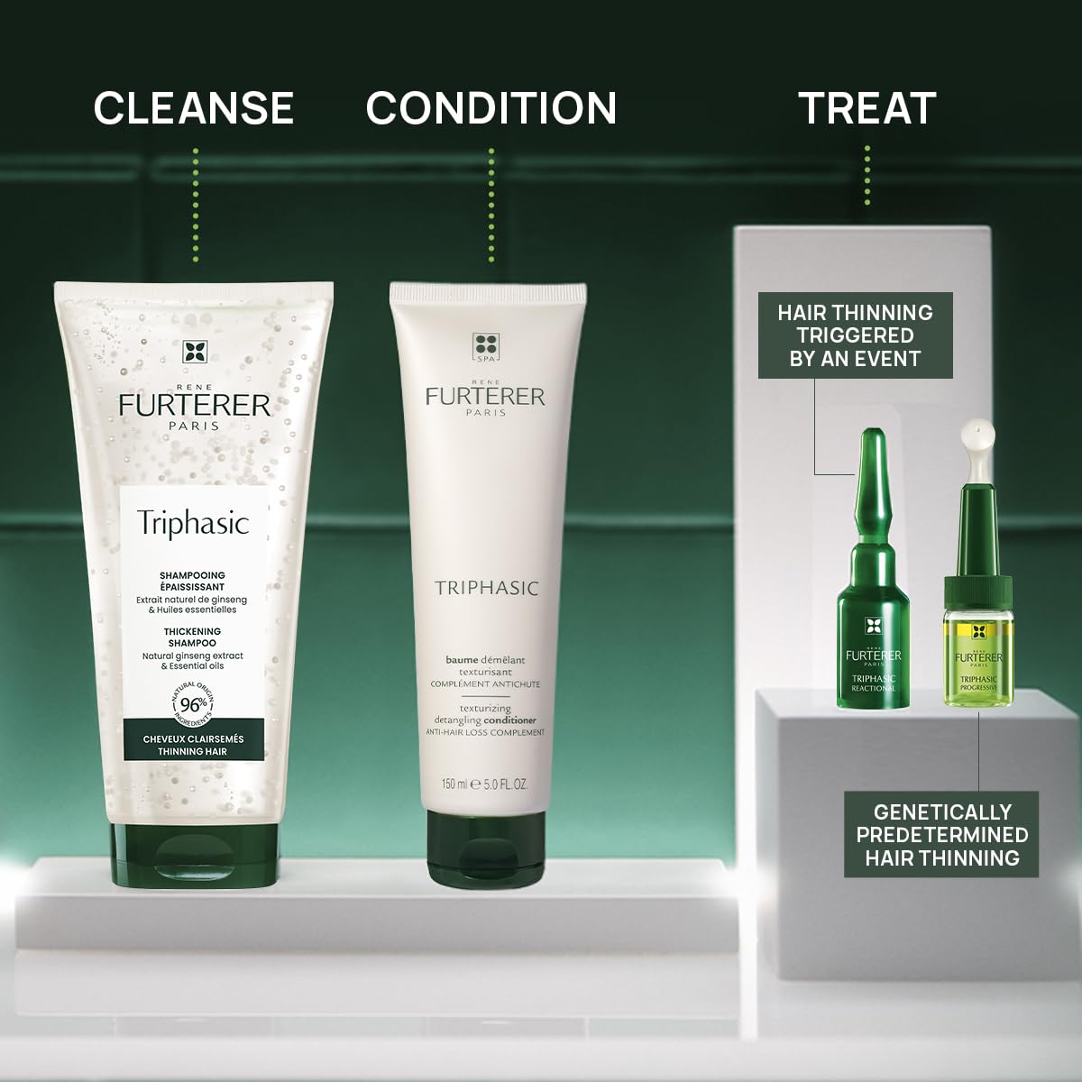 René Furterer bottle on bathroom shelf in lifestyle setting showing routine fit
