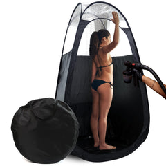 Reneebeautytan front view of pop-up spray tan tent showing containment benefits