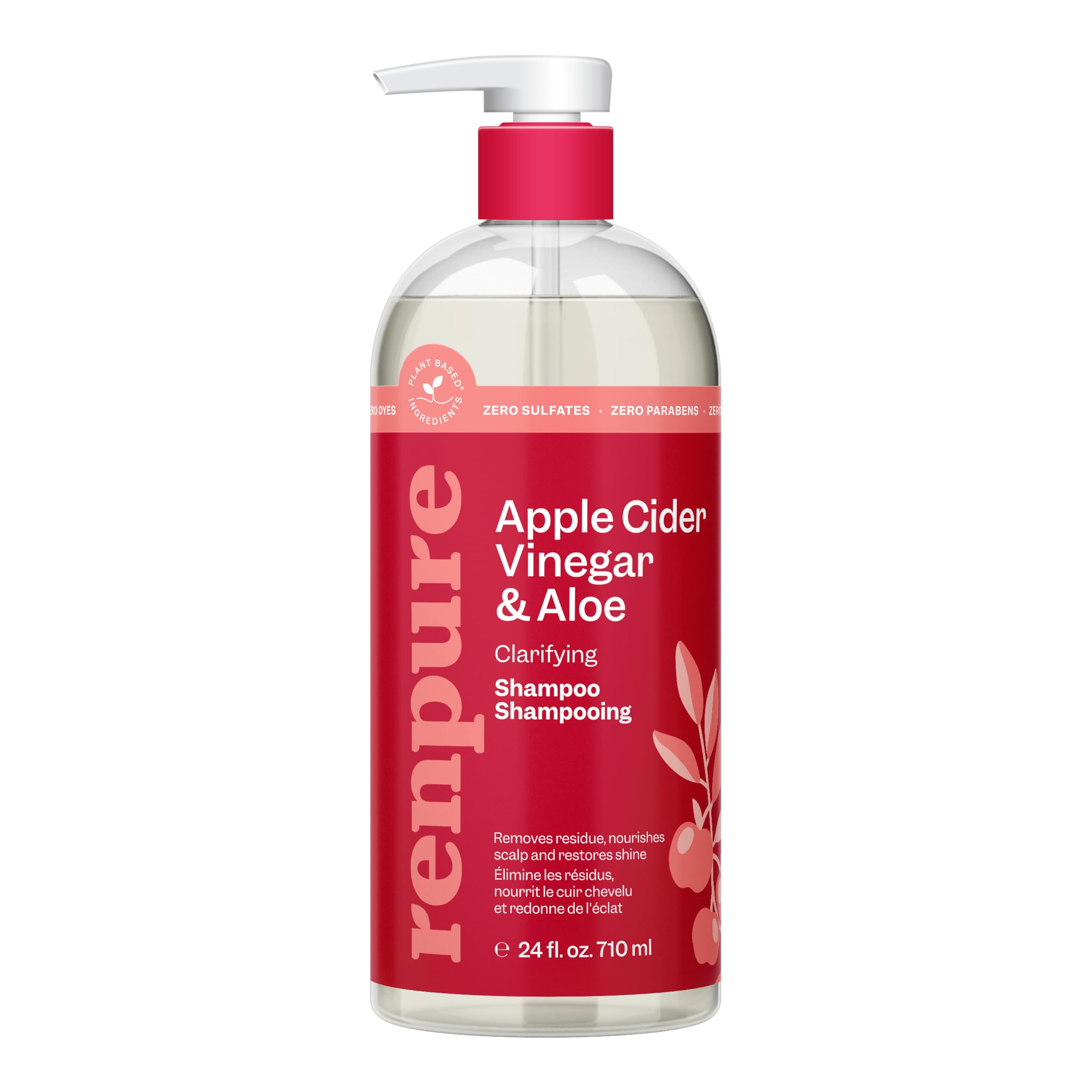 Renpure bottle front showing apple cider vinegar and aloe, clarifies hair