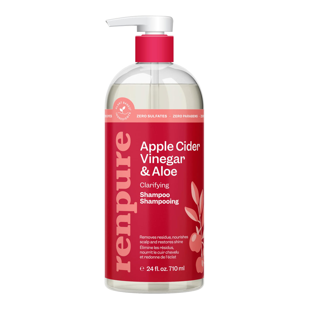Renpure bottle front showing apple cider vinegar and aloe, clarifies hair