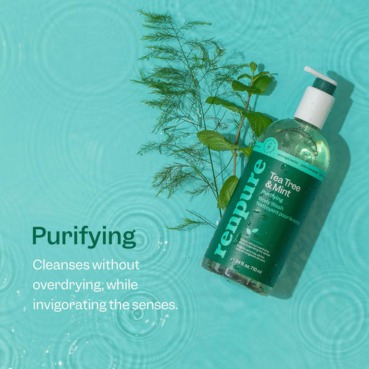 RENPURE close-up label highlighting tea tree and spearmint oils for clarifying benefit