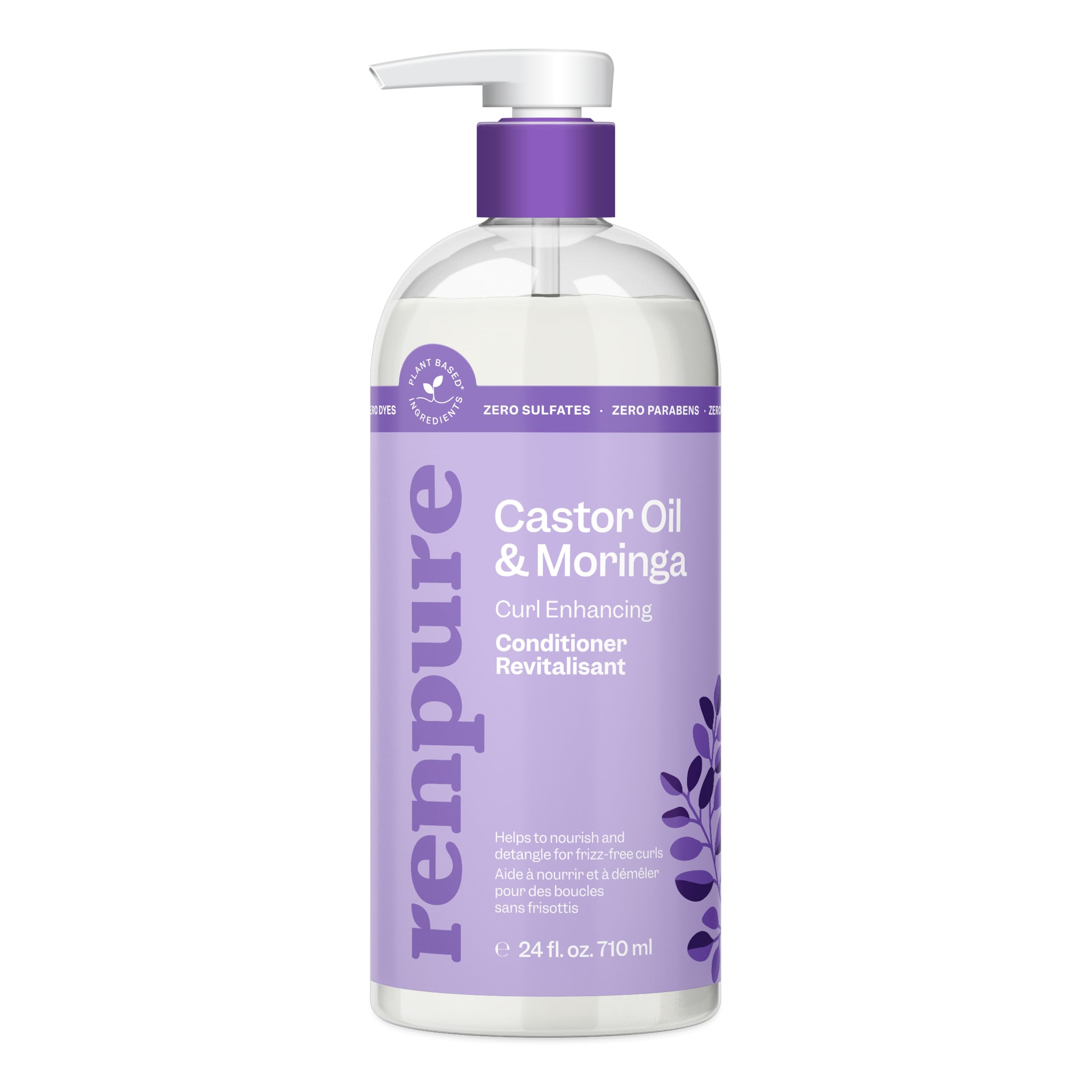 RENPURE front bottle showing castor and moringa branding and recyclable pump, highlights convenience