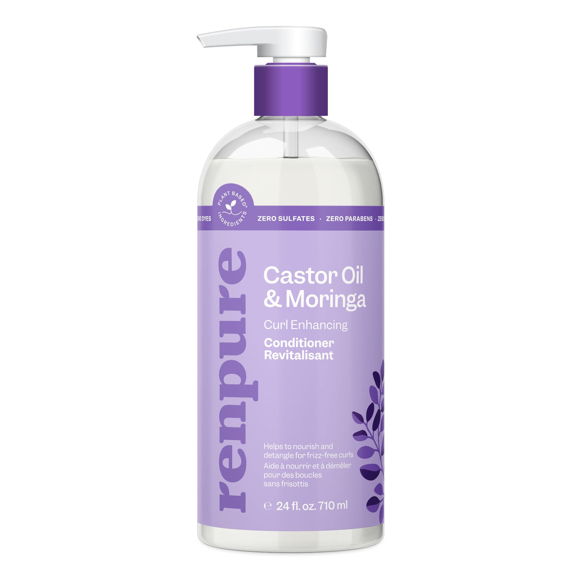 RENPURE front bottle showing castor and moringa branding and recyclable pump, highlights convenience