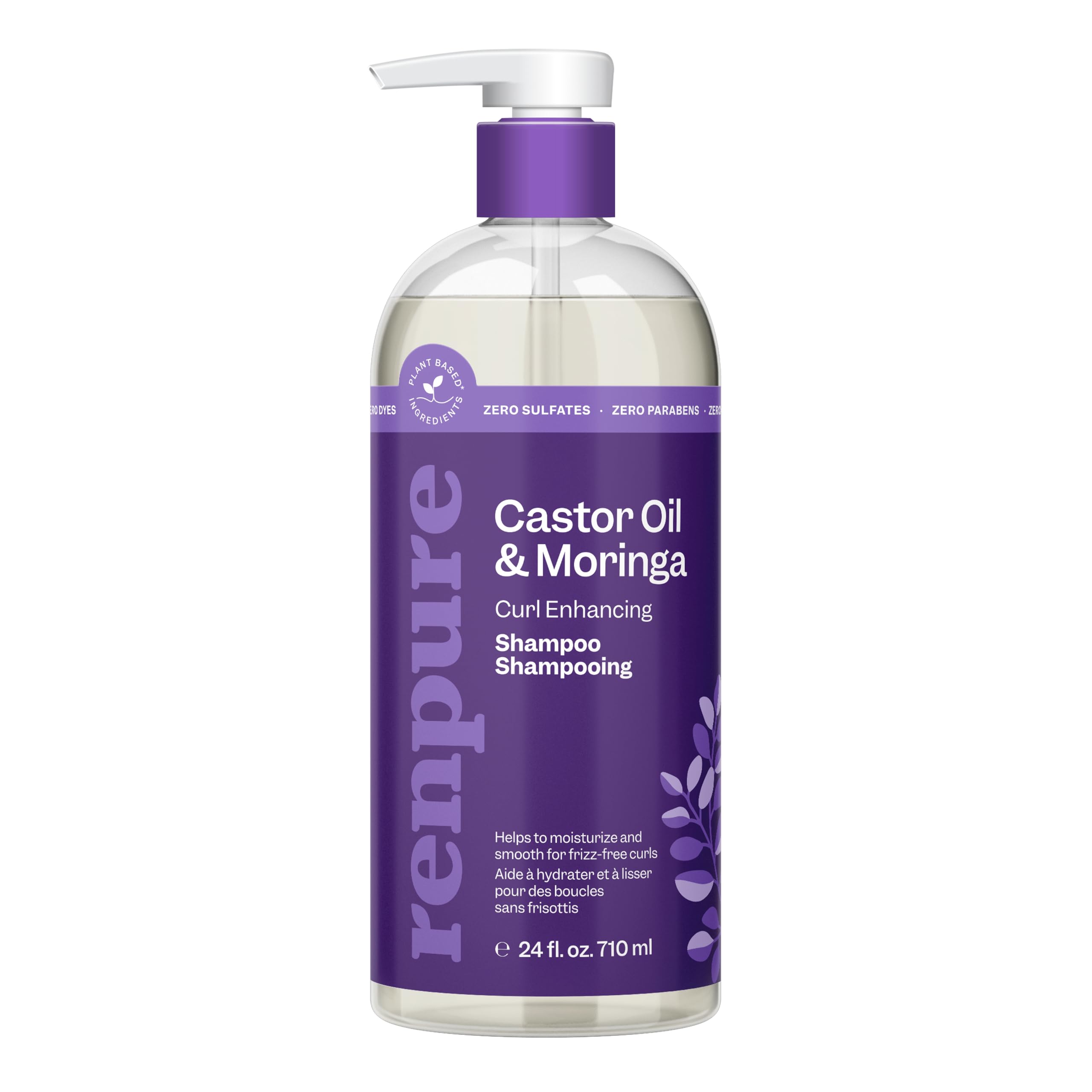 RENPURE front bottle showing moringa and castor branding and eco-friendly benefit