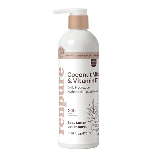 RENPURE front bottle view showcasing coconut milk lotion and moisturization benefit
