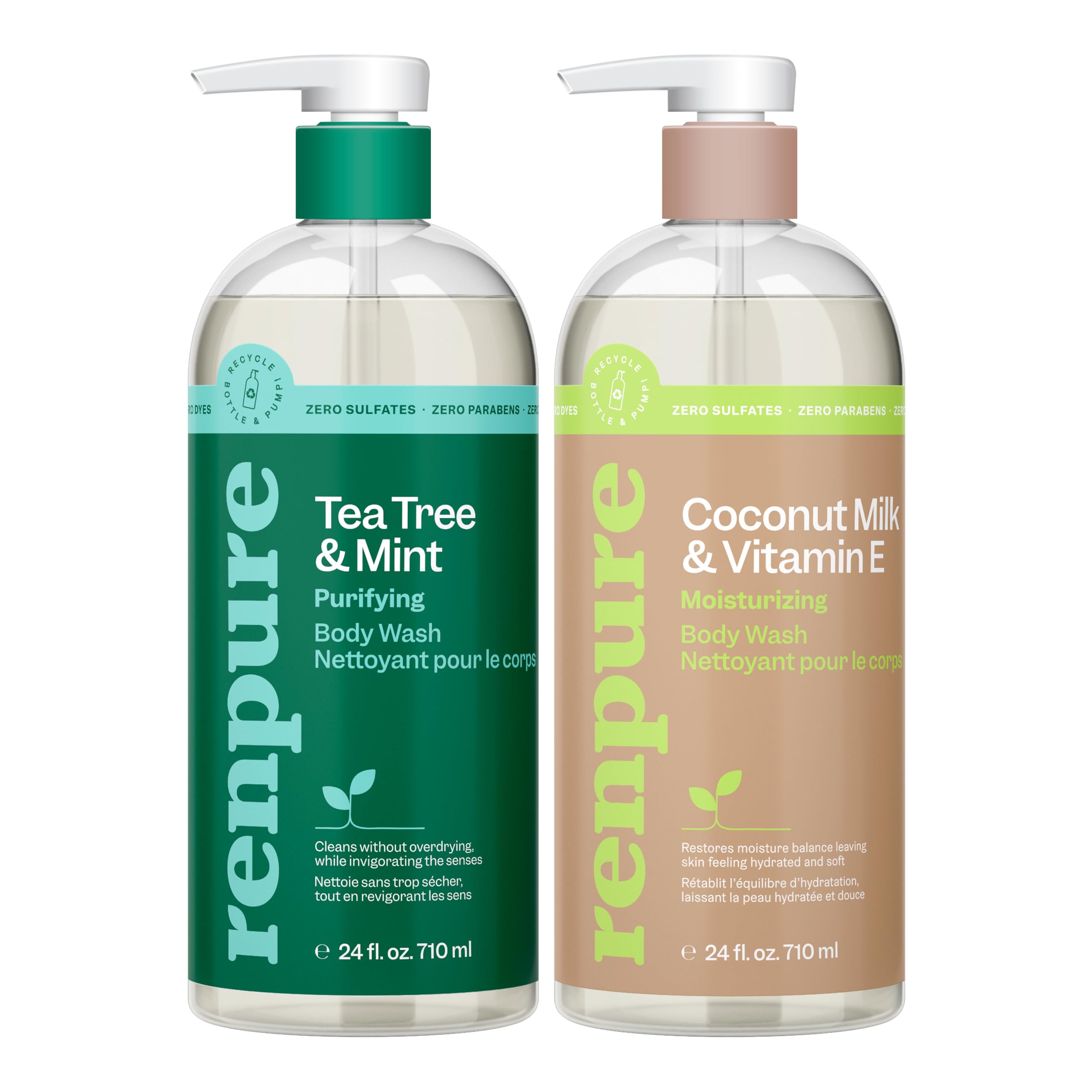 RENPURE front packaging showing both 24 oz pump bottles and clear labeling benefits
