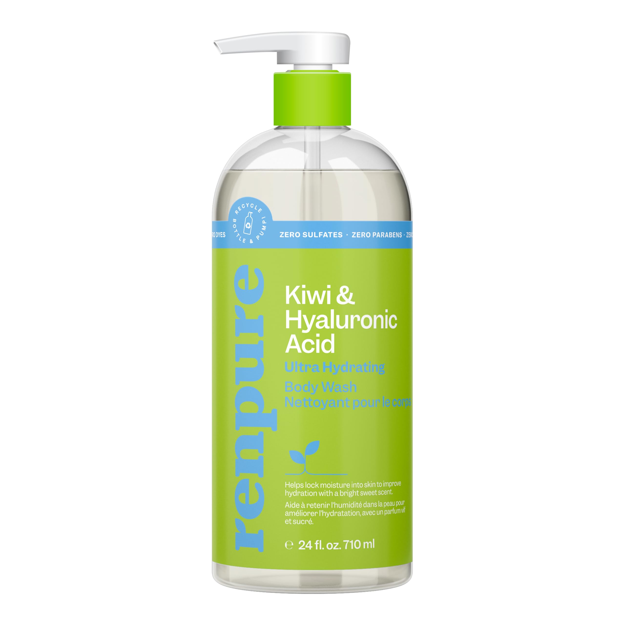 renpure pump bottle front view showing kiwi scent and recyclable benefit