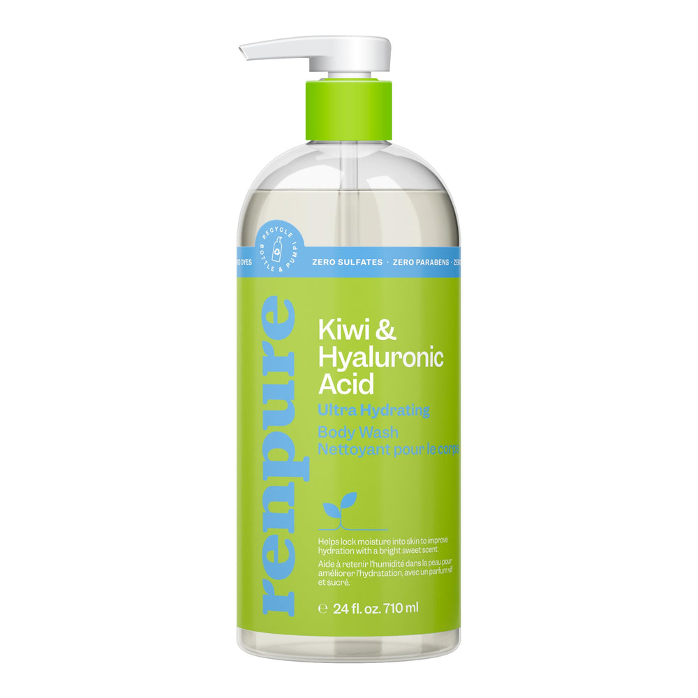 renpure pump bottle front view showing kiwi scent and recyclable benefit