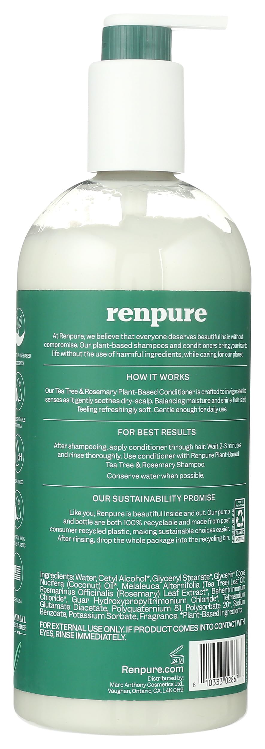 Renpure label close-up highlighting tea tree and rosemary ingredients info