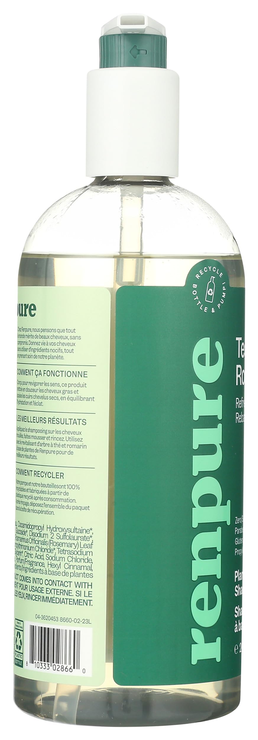 RENPURE pump dispensing shampoo into hand demonstrating easy use and controlled portioning