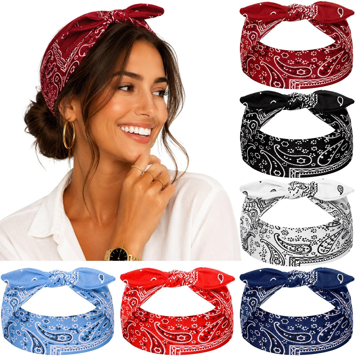 REOTECALL front view of six-pack headbands showing assorted prints and colors, stylish convenience