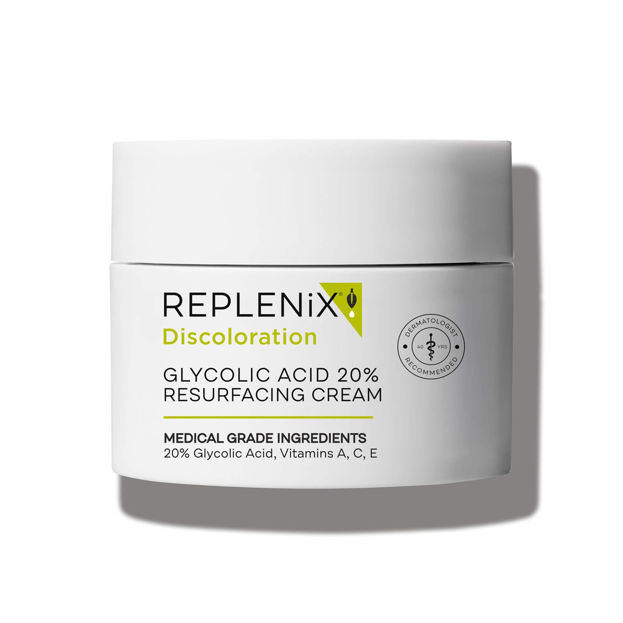 Replenix front packaging showing glycolic 20% for visible resurfacing