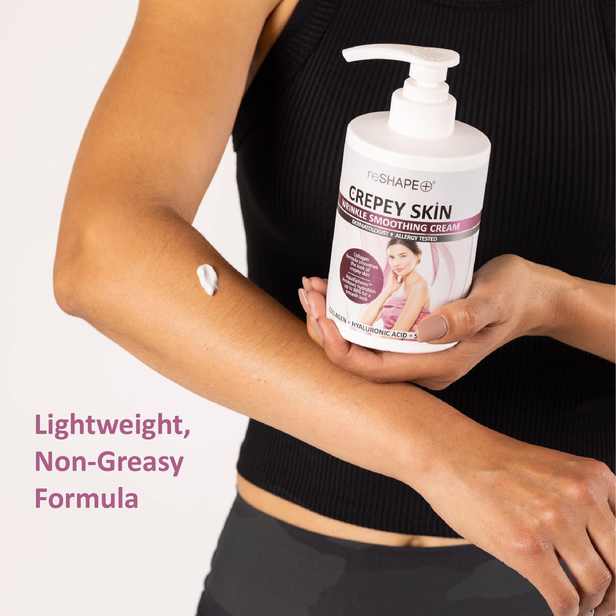 Reshape+ applied to neck and décolletage, visually emphasizes smoothing and hydration benefit