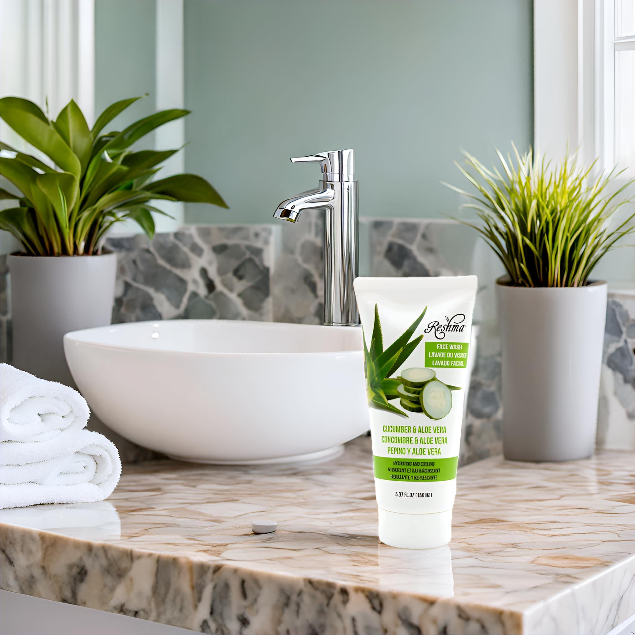 Reshma Beauty bottle on bathroom counter in daily skincare routine scene