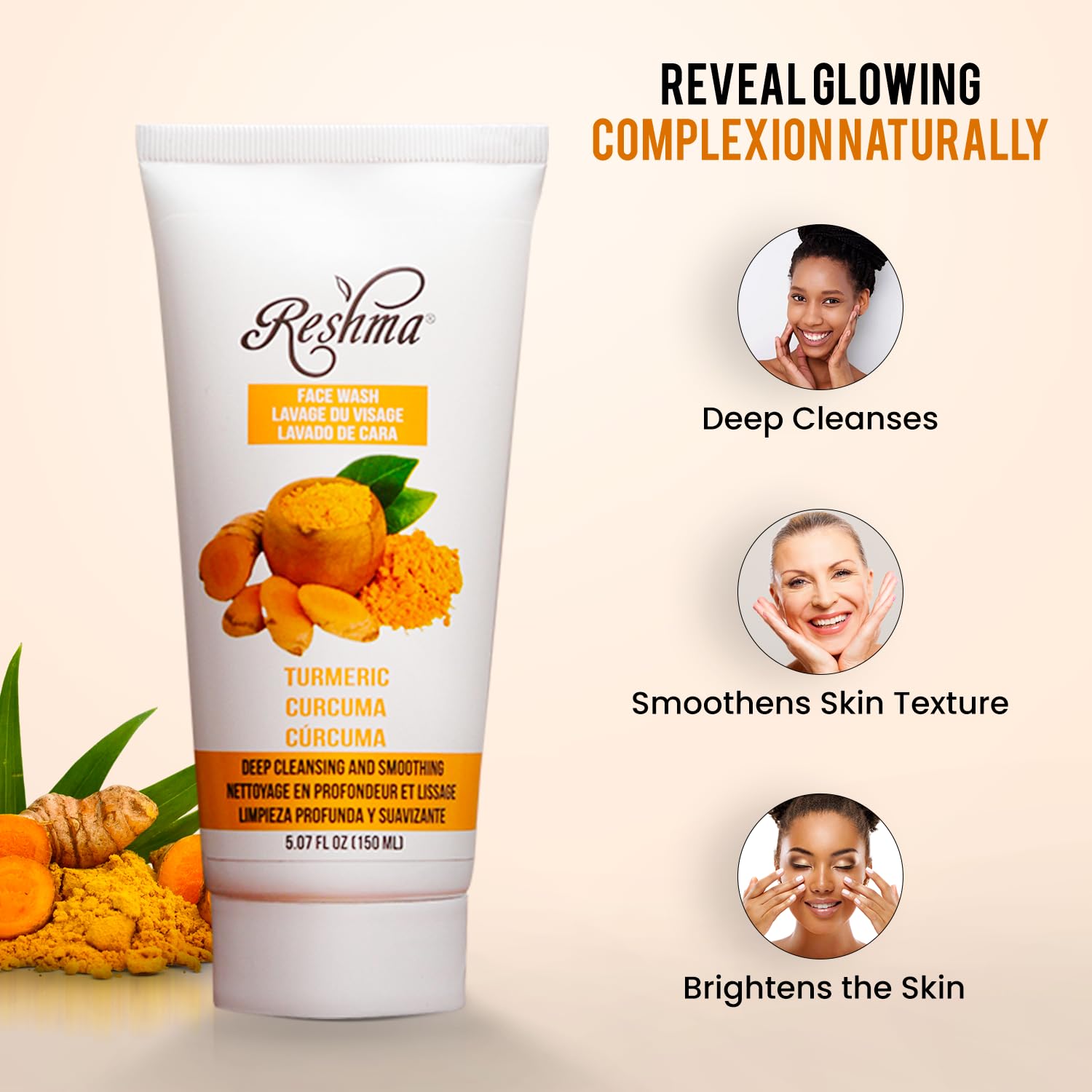 Reshma Beauty with turmeric root highlighting natural brightening