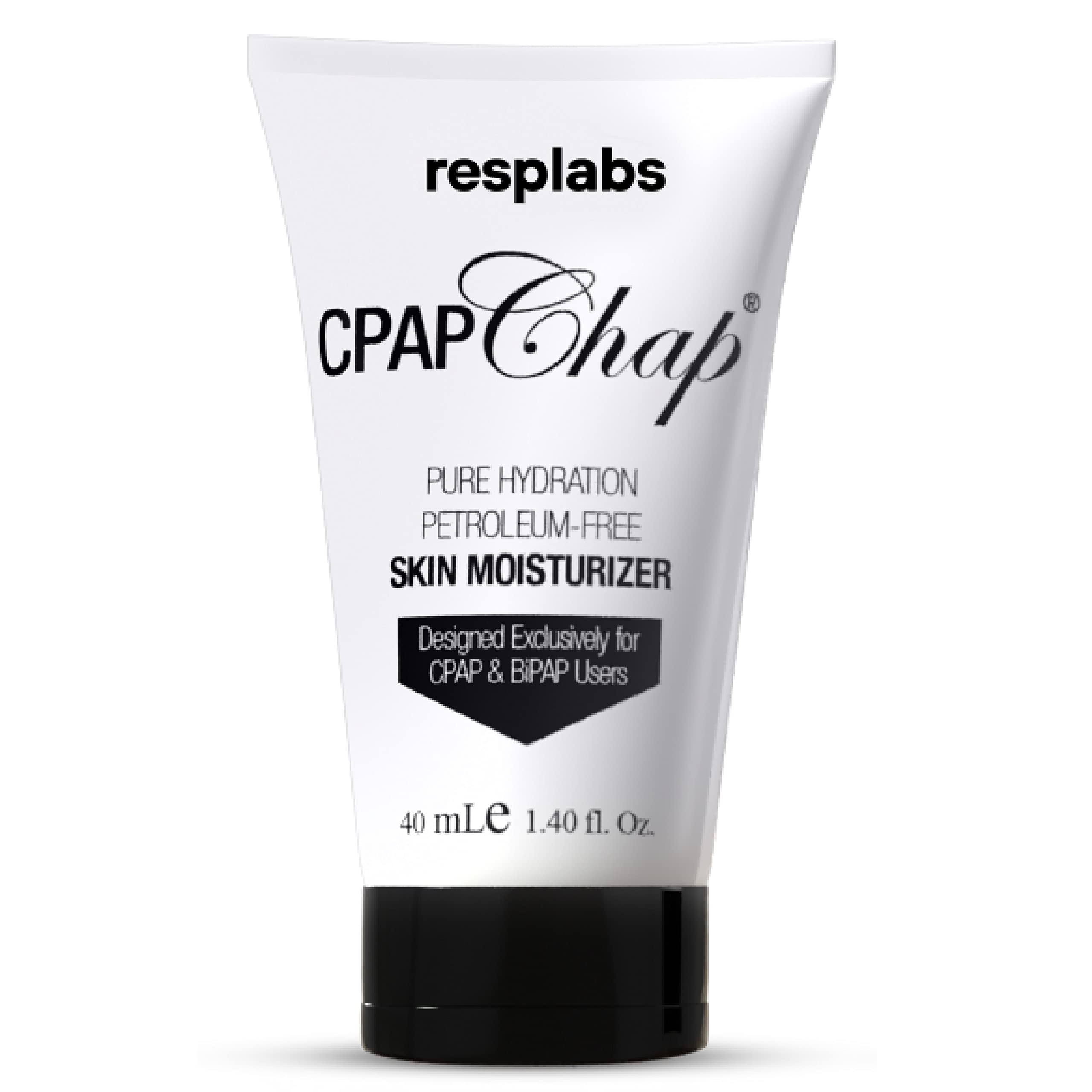 RespLabs cpapchap front tube showing branding and size, highlights travel-ready convenience