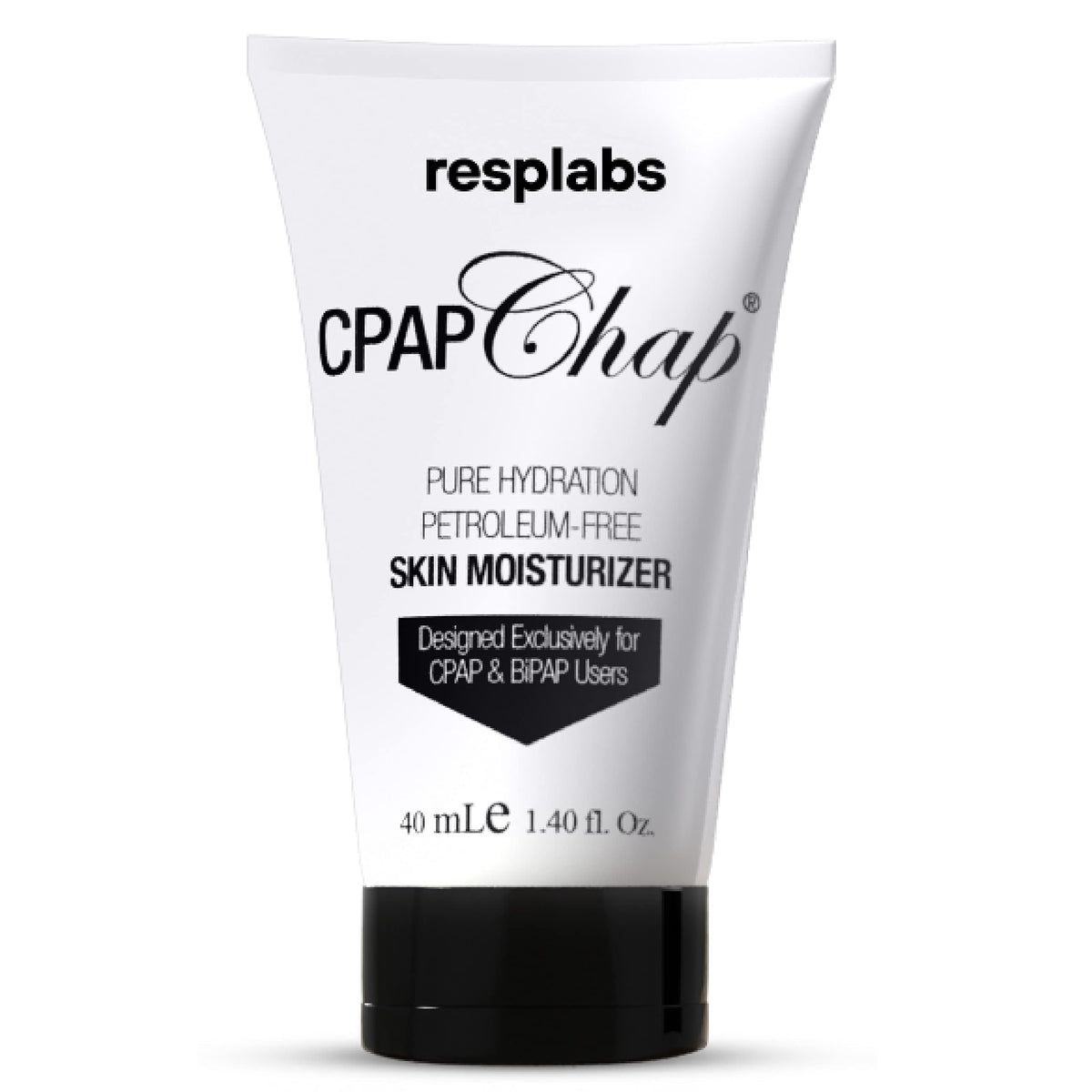 RespLabs cpapchap front tube showing branding and size, highlights travel-ready convenience